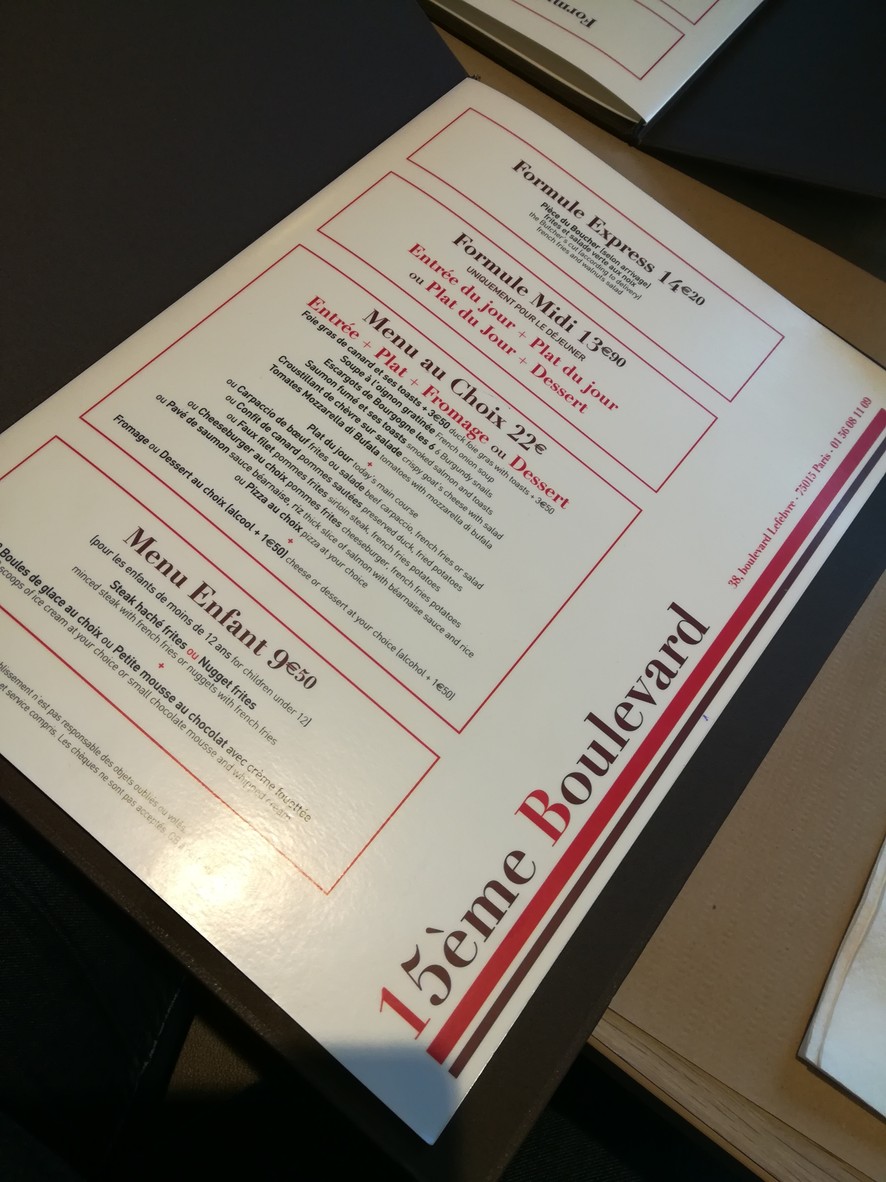 15ème Boulevard menu 1