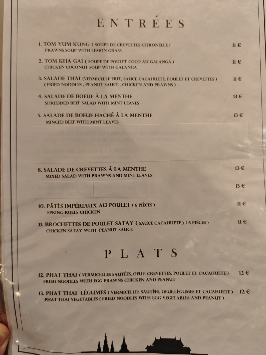 Ayutthaya Restaurant Thaïlandais menu 1
