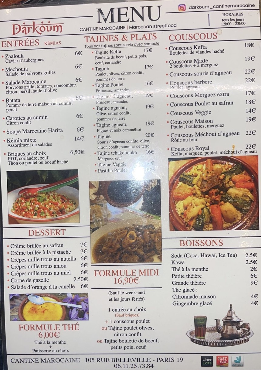 Darkoum Office Cantine Marocaine menu 1