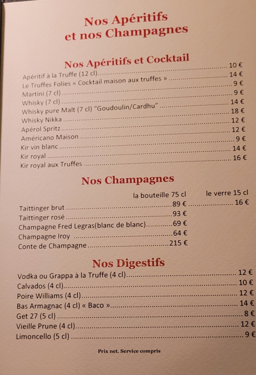 Truffes Folies menu 2