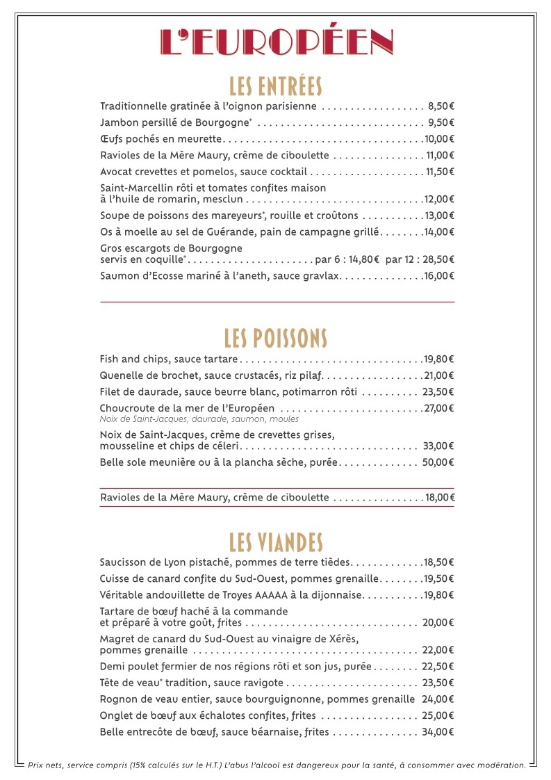 Brasserie L'Européen menu 1