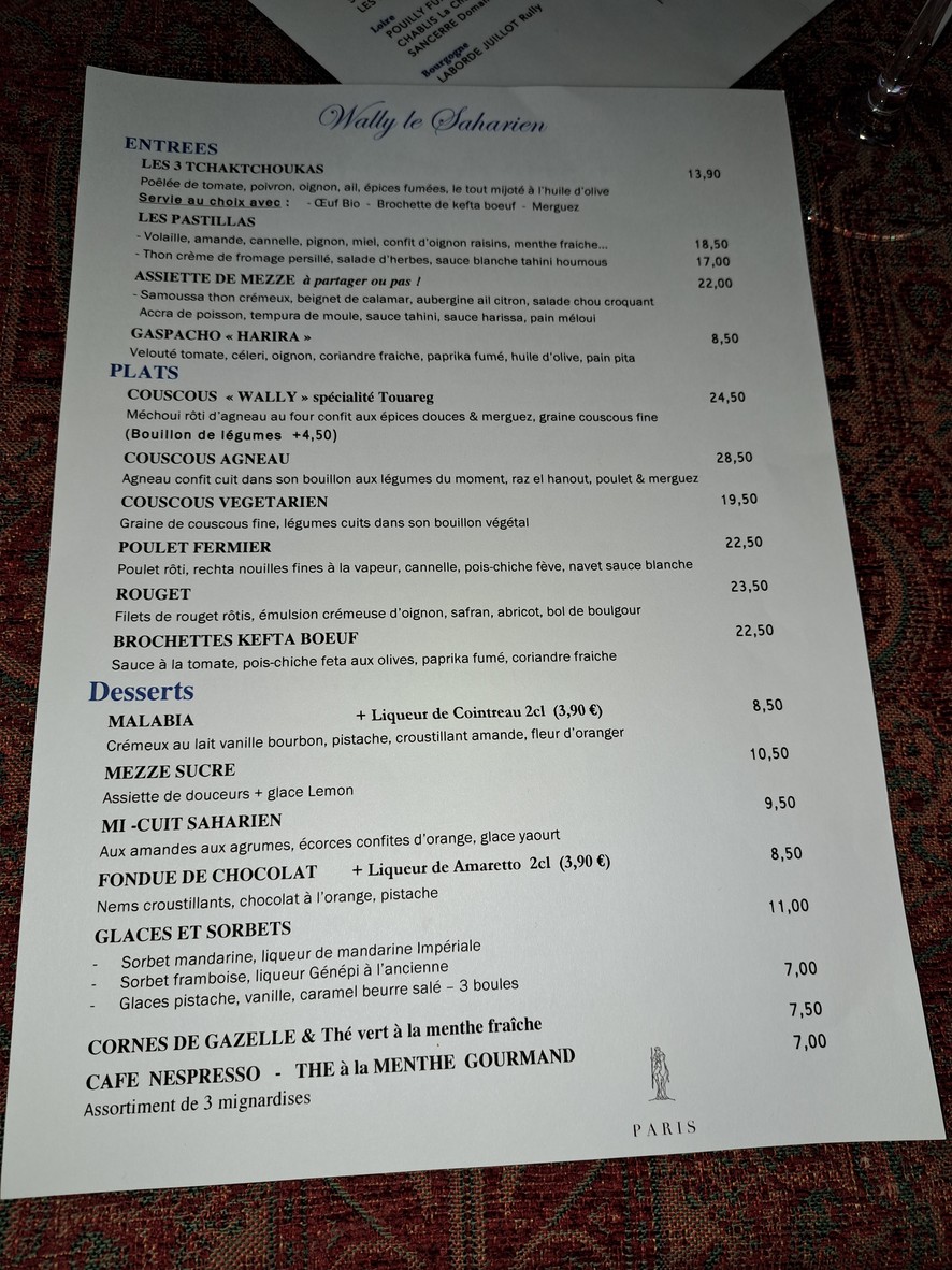 Wally Le Saharien menu 1