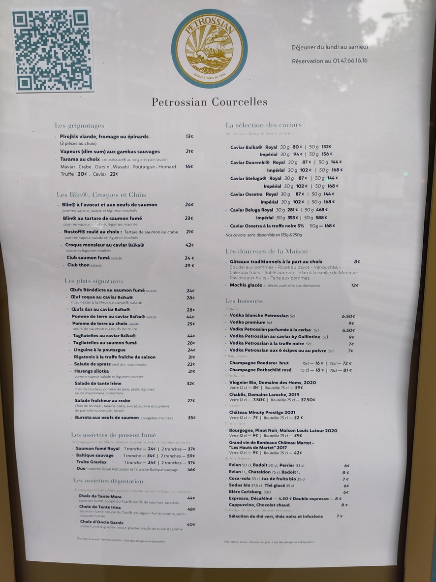 Boutique Petrossian Courcelles menu 1