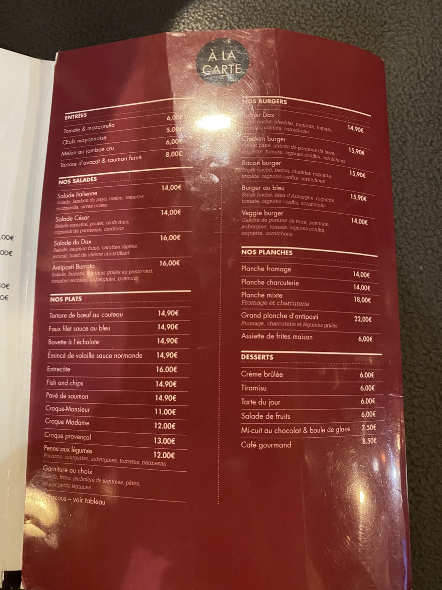 Le Dax menu 1