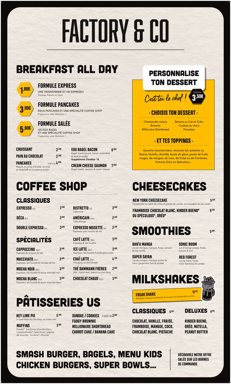 Factory and Co Aéroville menu 1