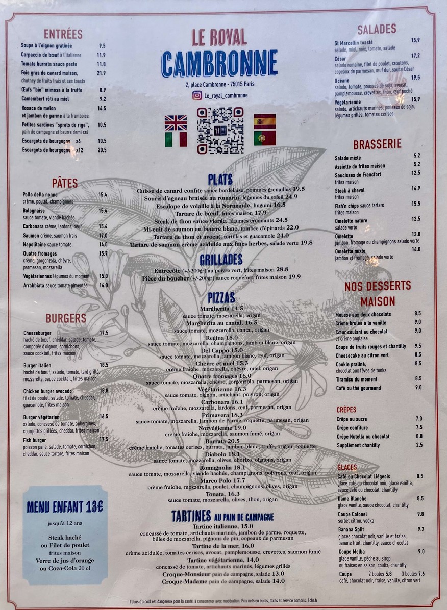 Le Royal Cambronne menu 1
