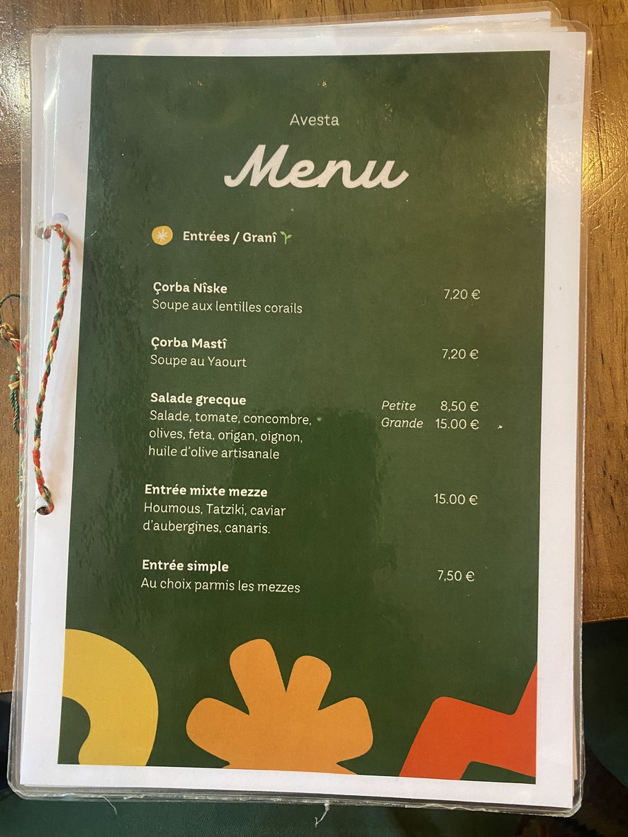 AVESTA - La cuisine authentique Kurde de Paris menu 1