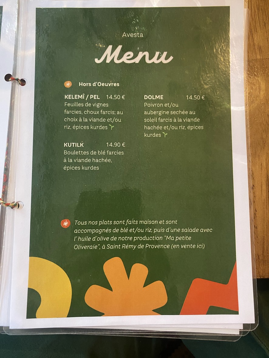 AVESTA - La cuisine authentique Kurde de Paris menu 2