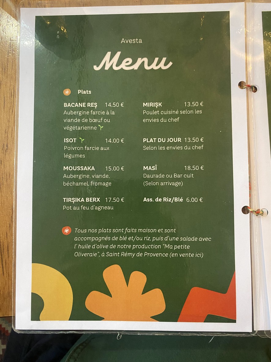AVESTA - La cuisine authentique Kurde de Paris menu 3