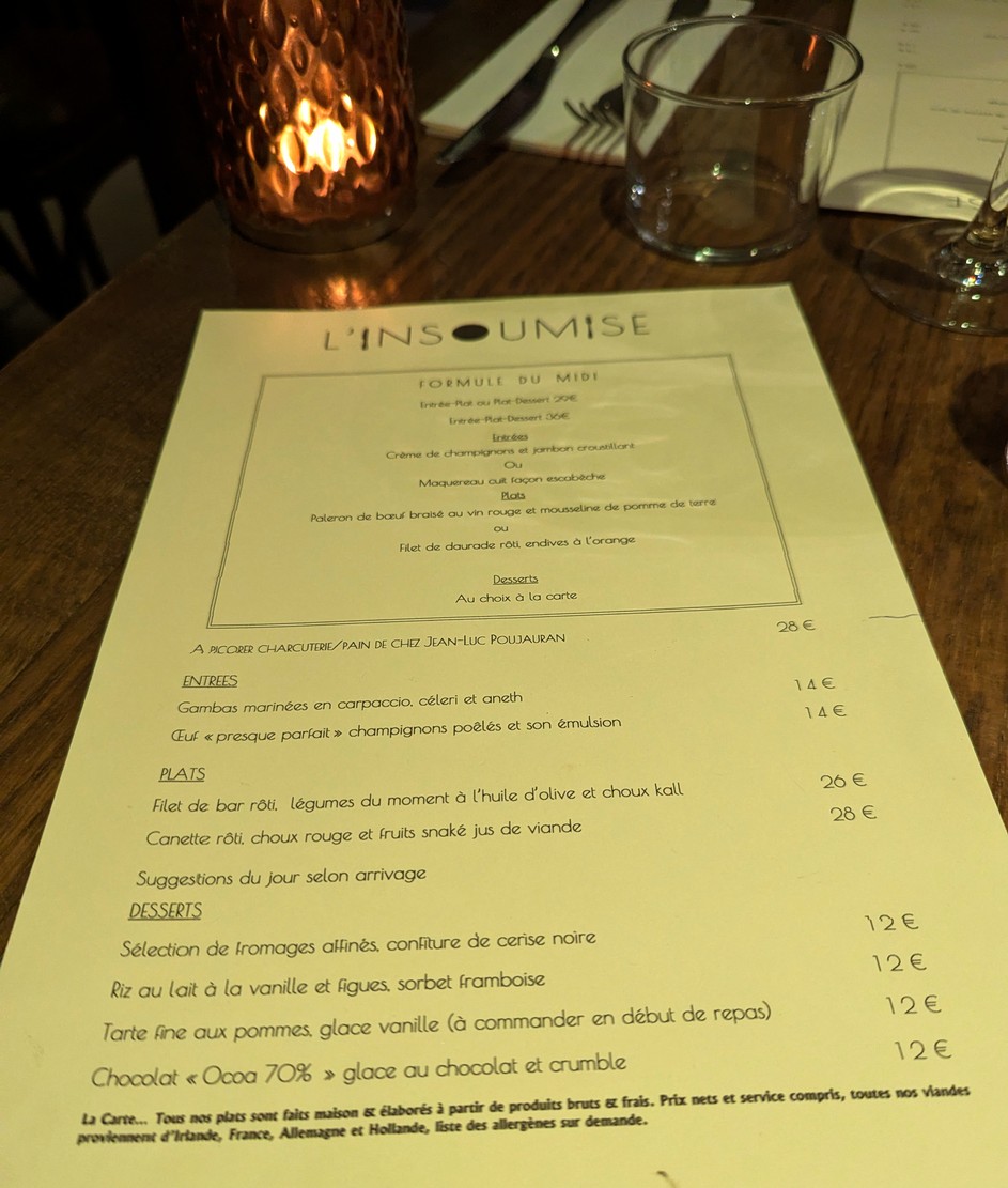 Restaurant L'Insoumise menu 1