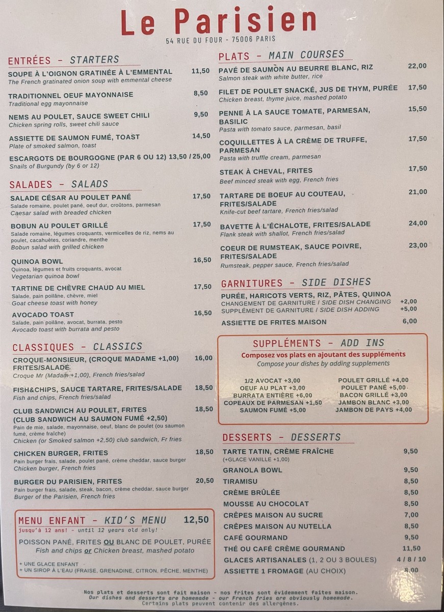 Le Parisien menu 1