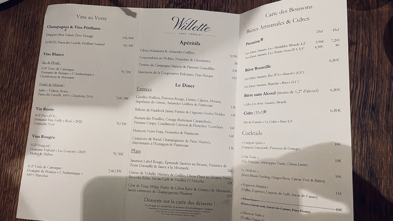 Restaurant Willette Café Troquet menu 1