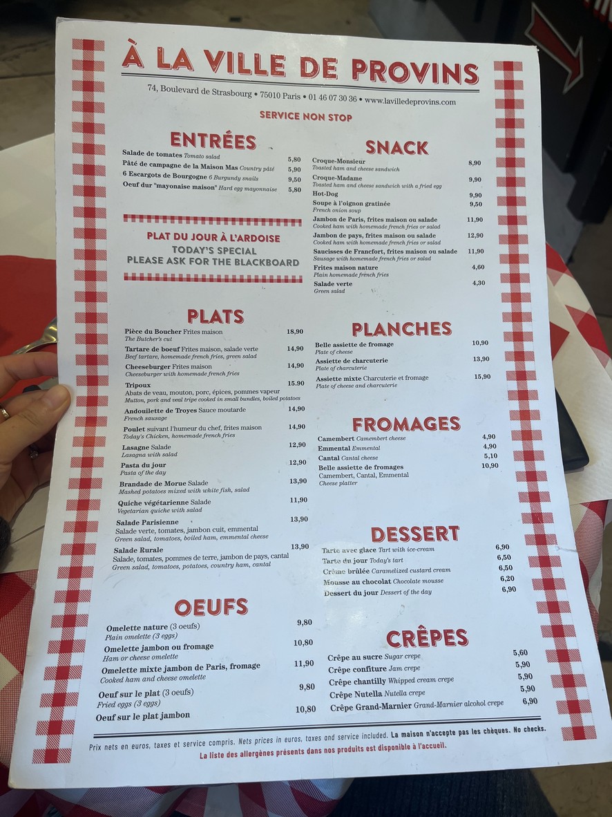 La Ville de Provins menu 1