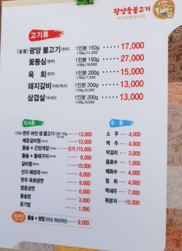 Gwangyang Bulgogi Guro Telephone Office Branch menu 1