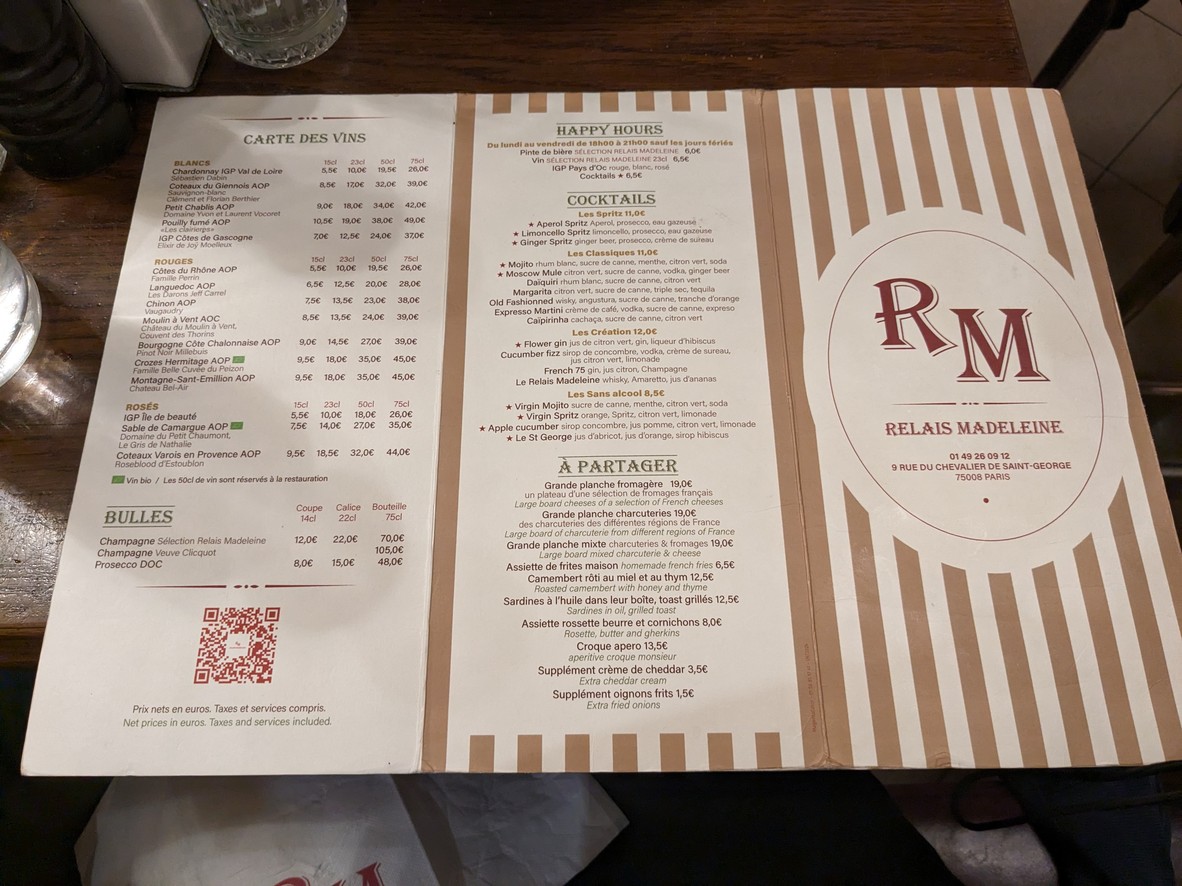 Relais Madeleine menu 1