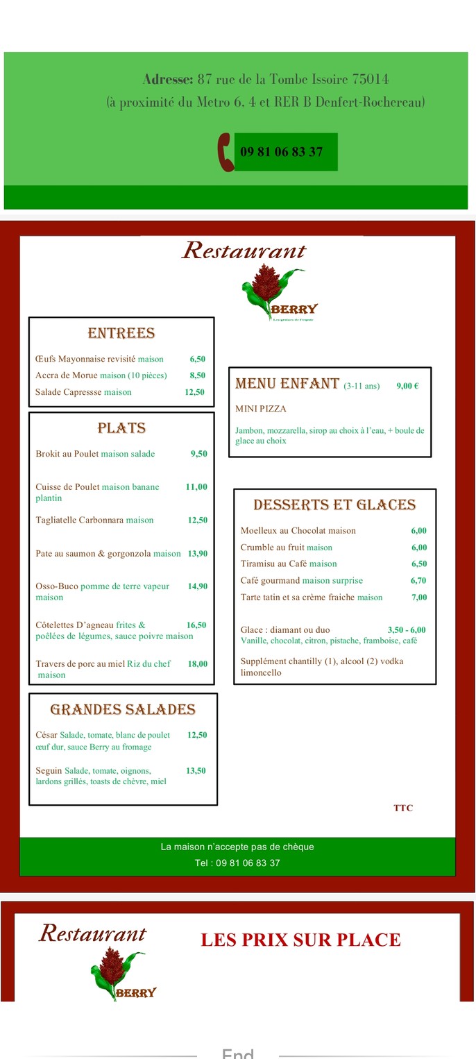 Restaurant Pizzeria Berry, traiteur menu 1