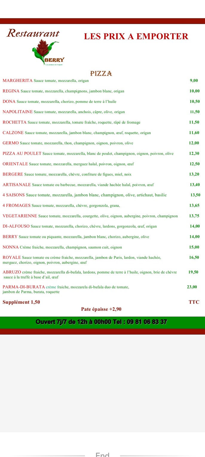 Restaurant Pizzeria Berry, traiteur menu 2