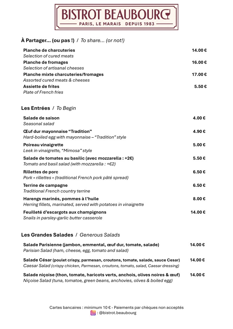 Bistrot Beaubourg menu 1