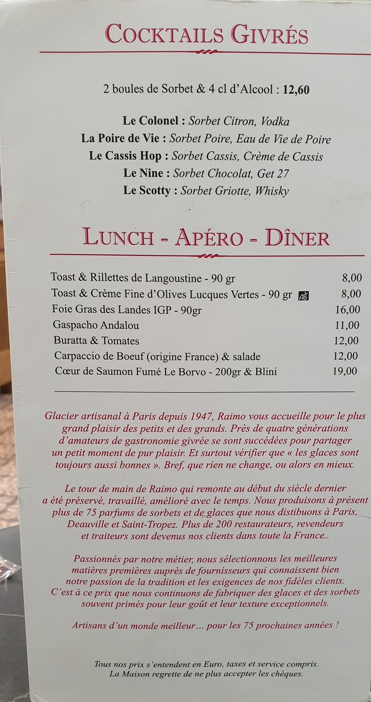 RAIMO GLACIER PARIS menu 2