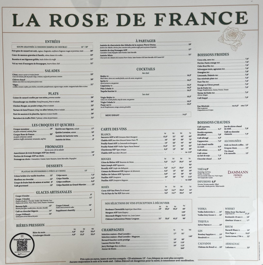 La Rose de France menu 1