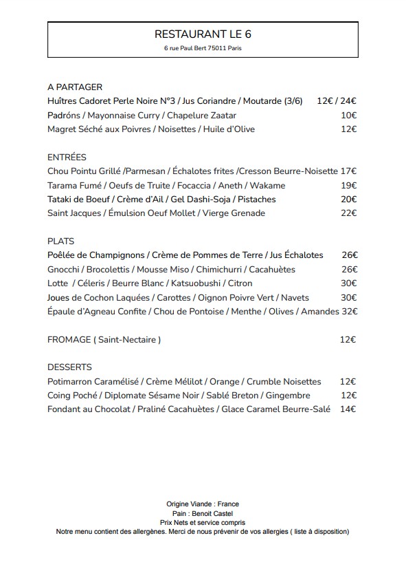 Le 6 Paul Bert menu 1