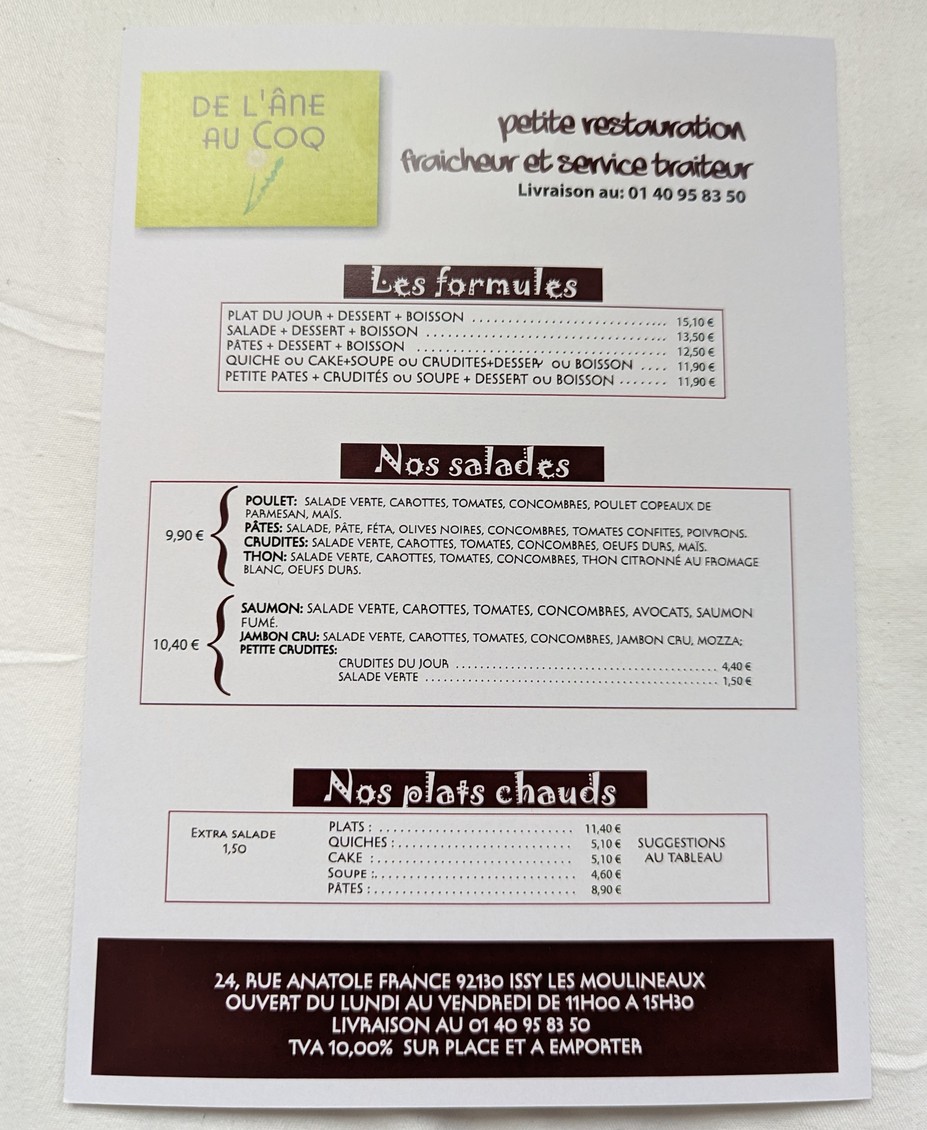 De l'Âne au Coq menu 1