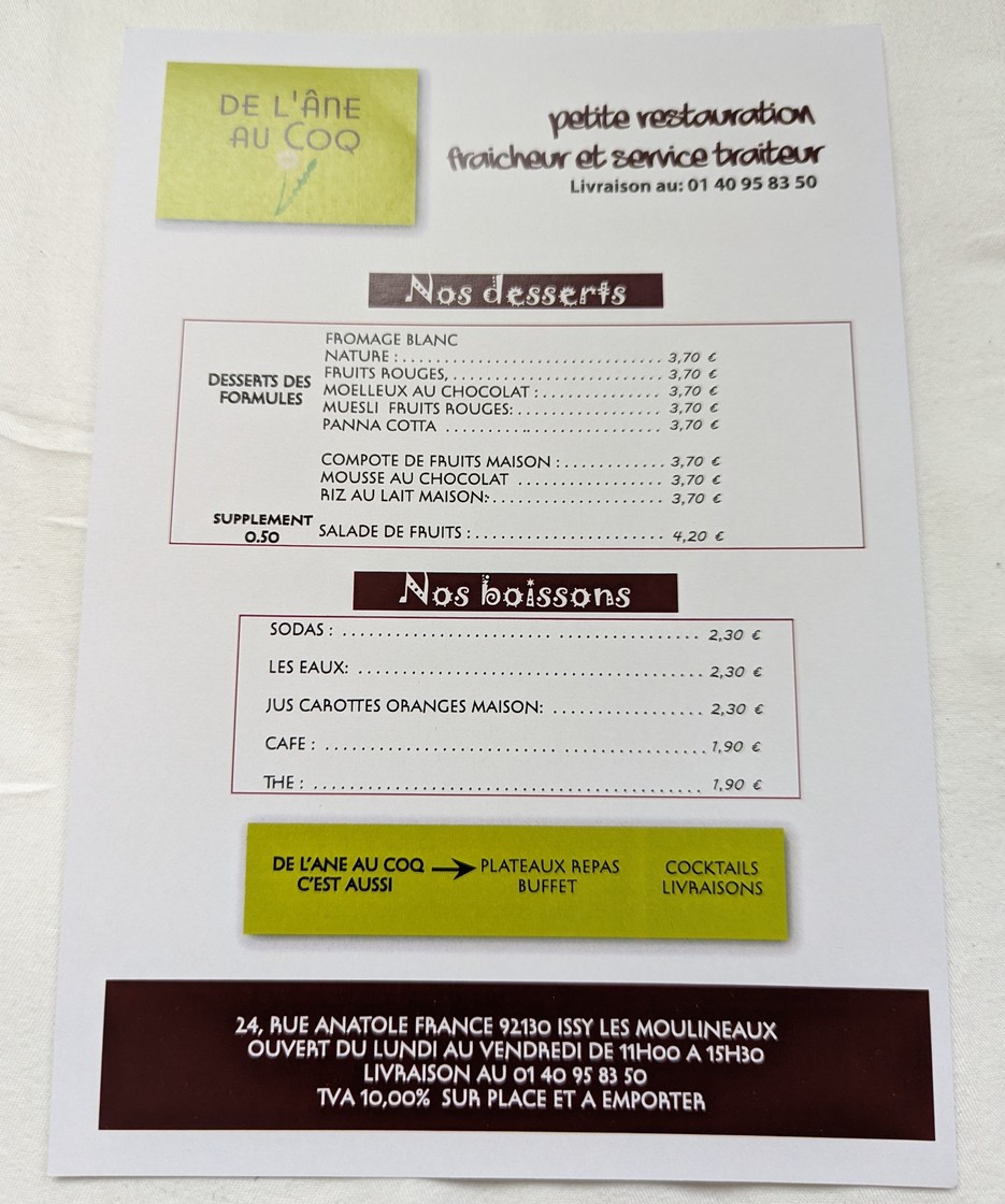 De l'Âne au Coq menu 2