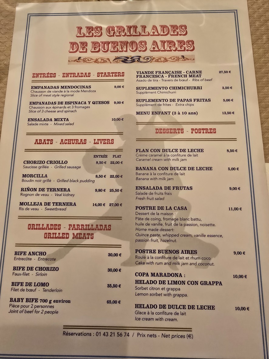 The Grillades of Buenos Aires menu 1