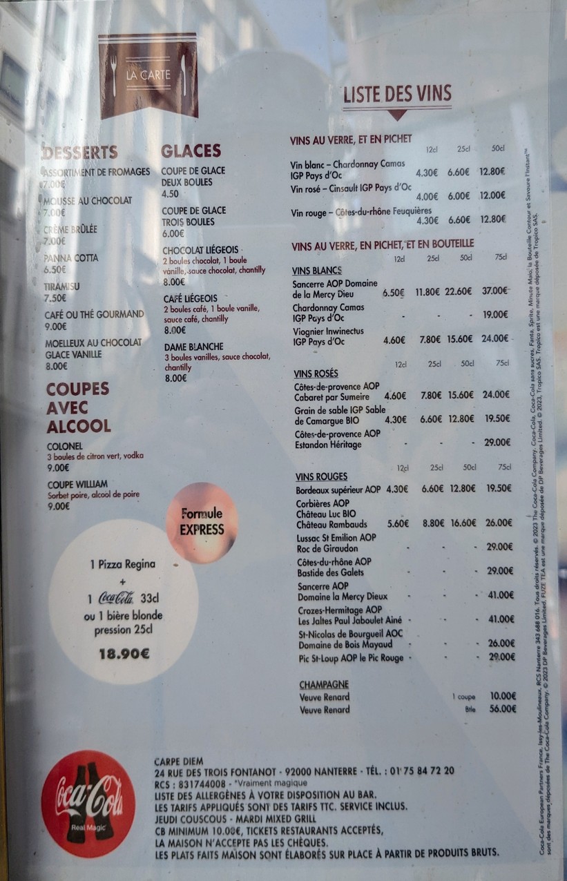 Brasserie Carpe Diem menu 2