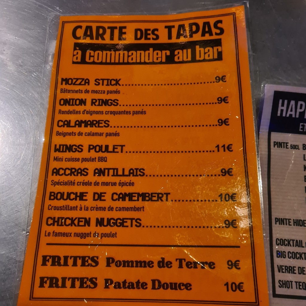 Hide Pub Club in Paris menu 1
