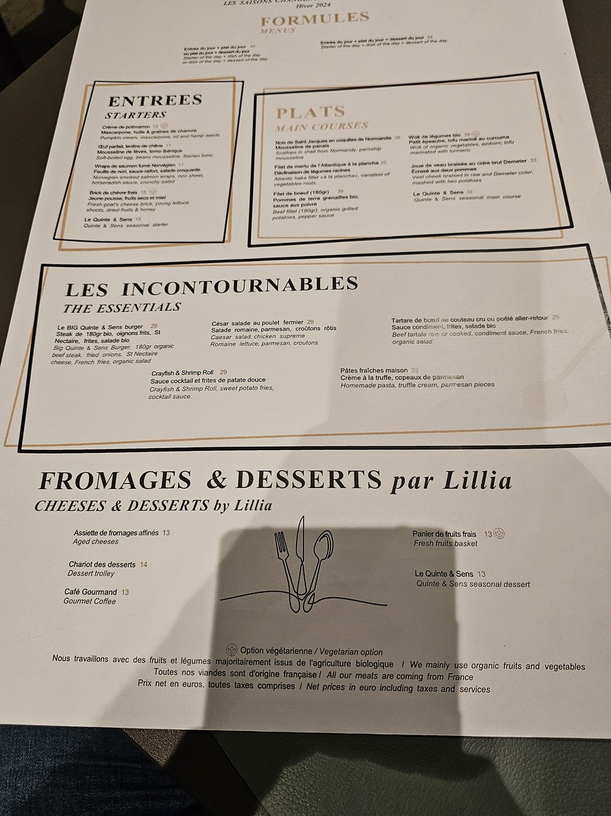 Quinte & Sens menu 1