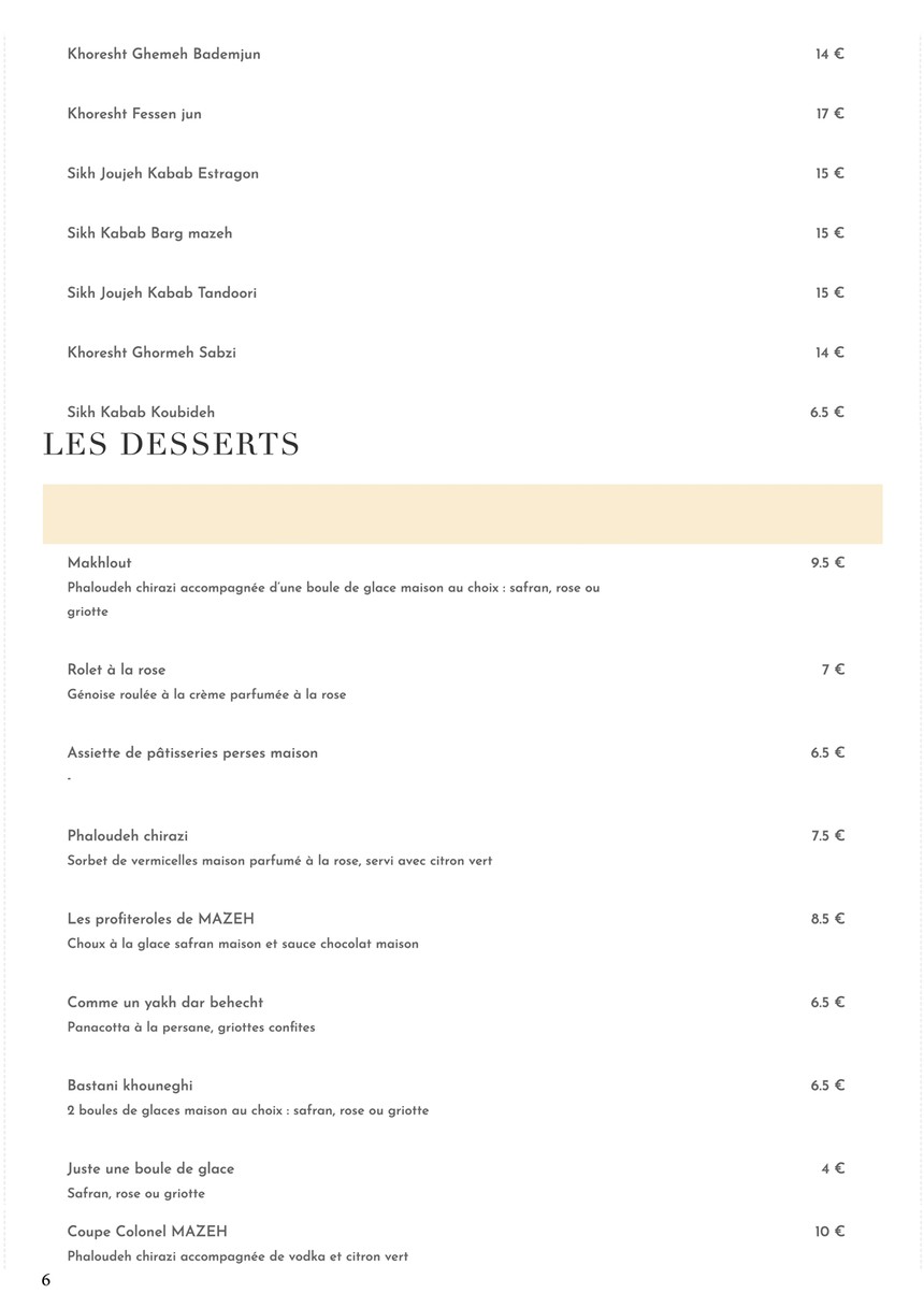 Mazeh menu 6