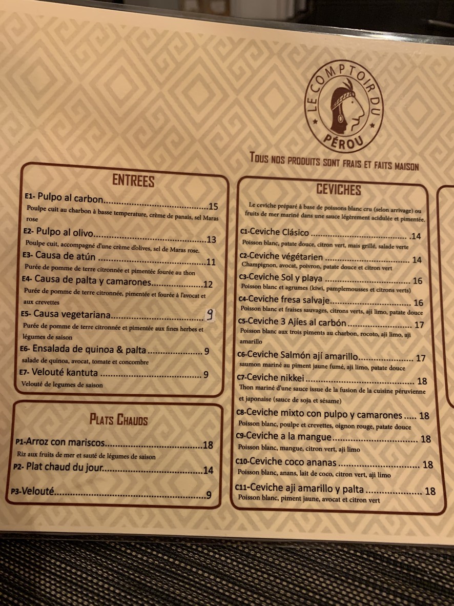 Le Comptoir du Pérou menu 1
