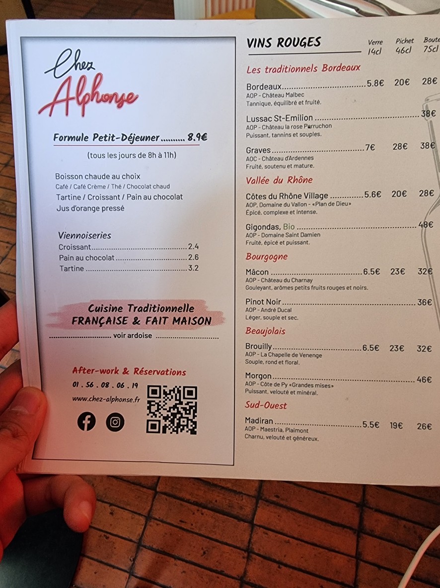 Chez Alphonse - Restaurant Français Paris 14 menu 1