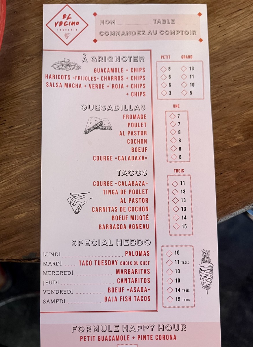 El Vecino Taquería Saint-Honoré menu 1