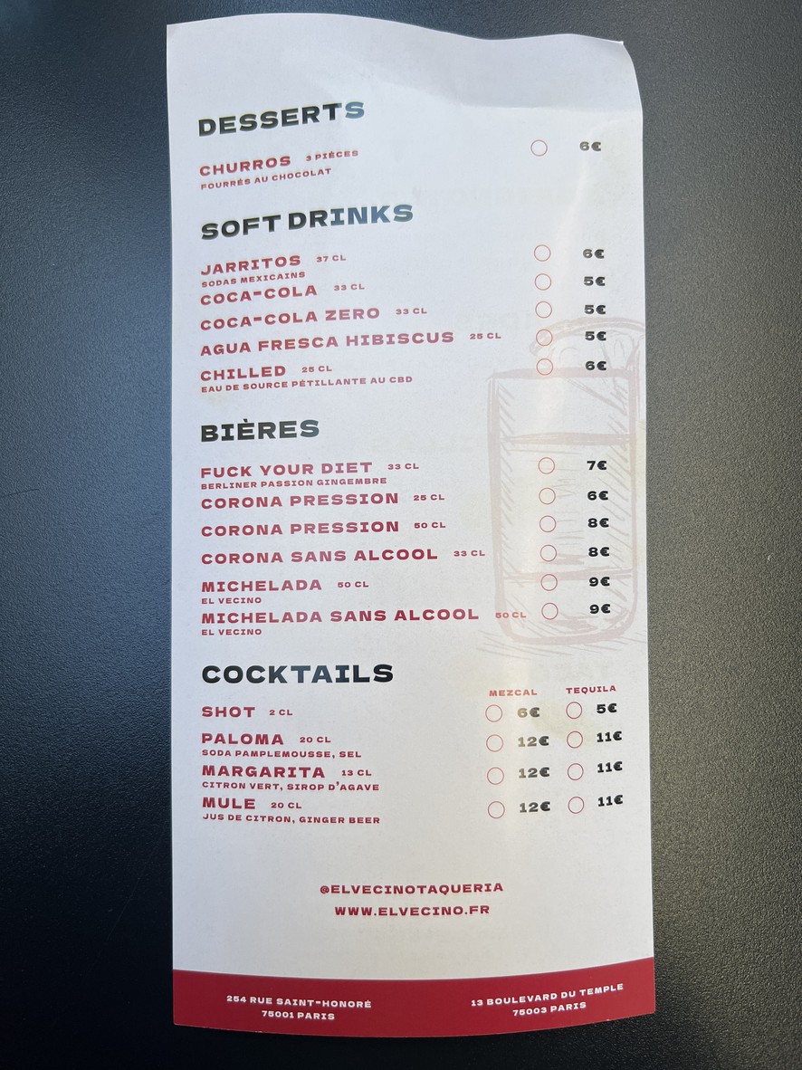 El Vecino Taquería Saint-Honoré menu 2