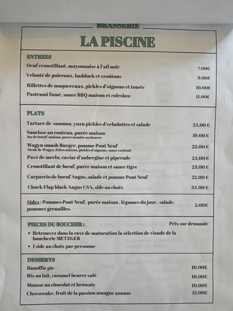 La Piscine Brasserie menu 1