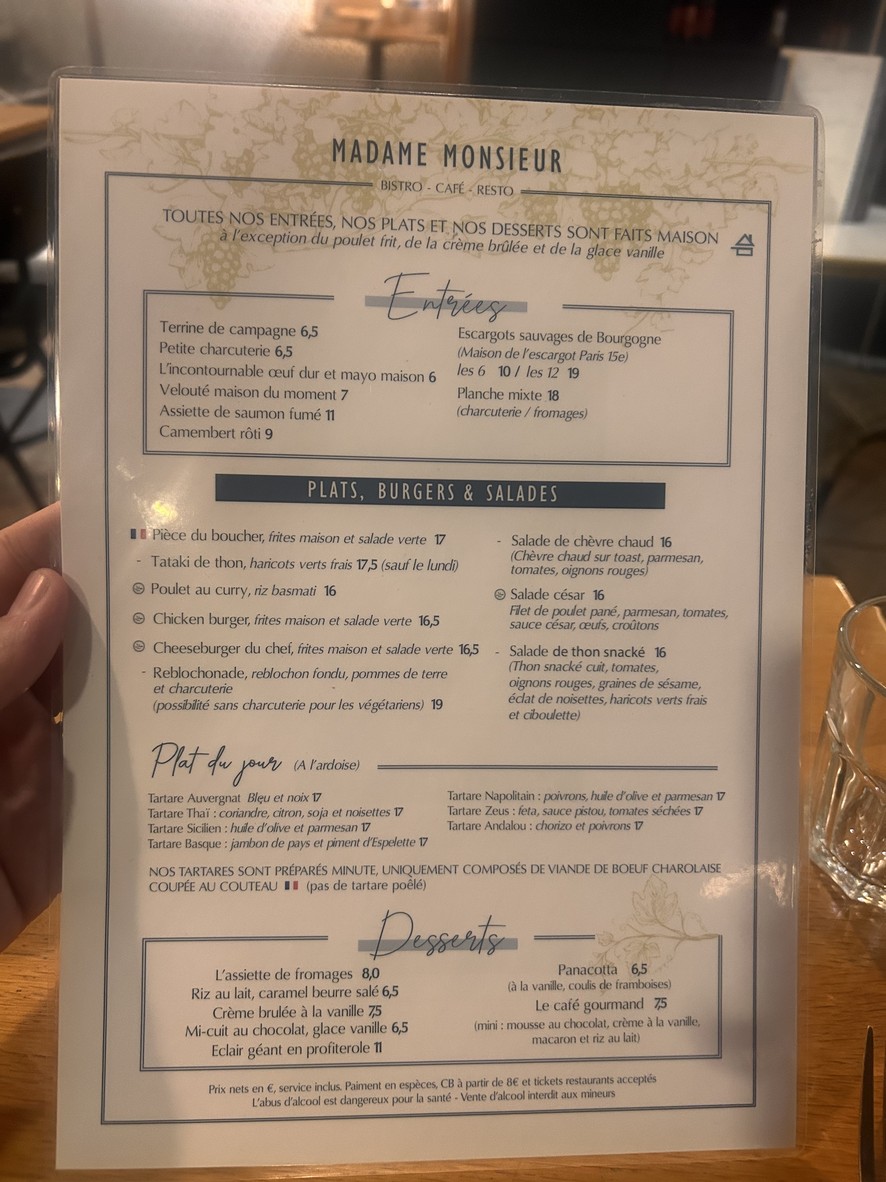 Madame Monsieur menu 1