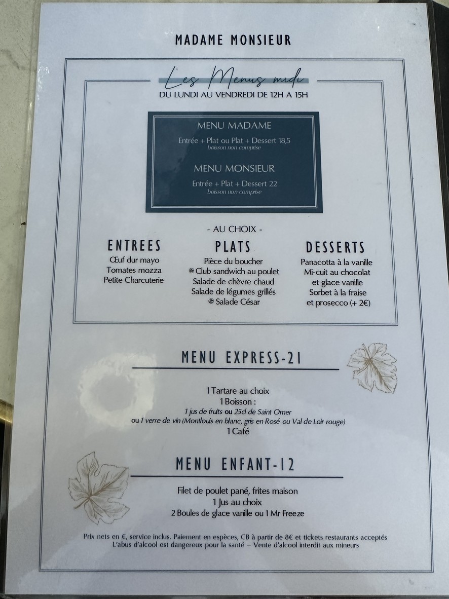 Madame Monsieur menu 2