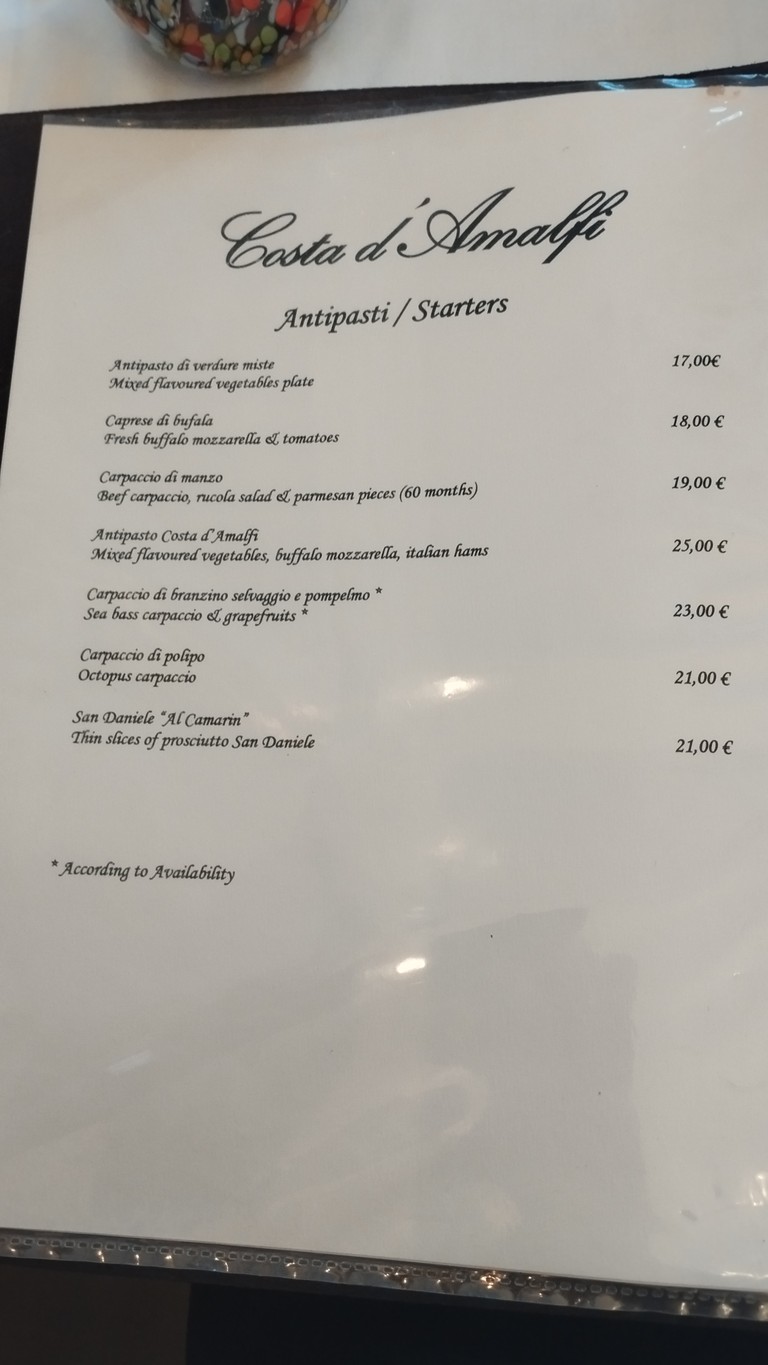 Costa d'Amalfi menu 1