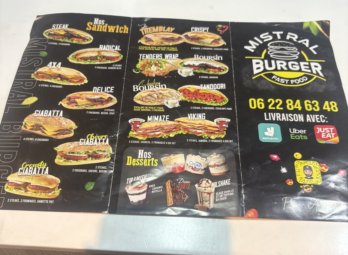 Mistral Burger menu 1
