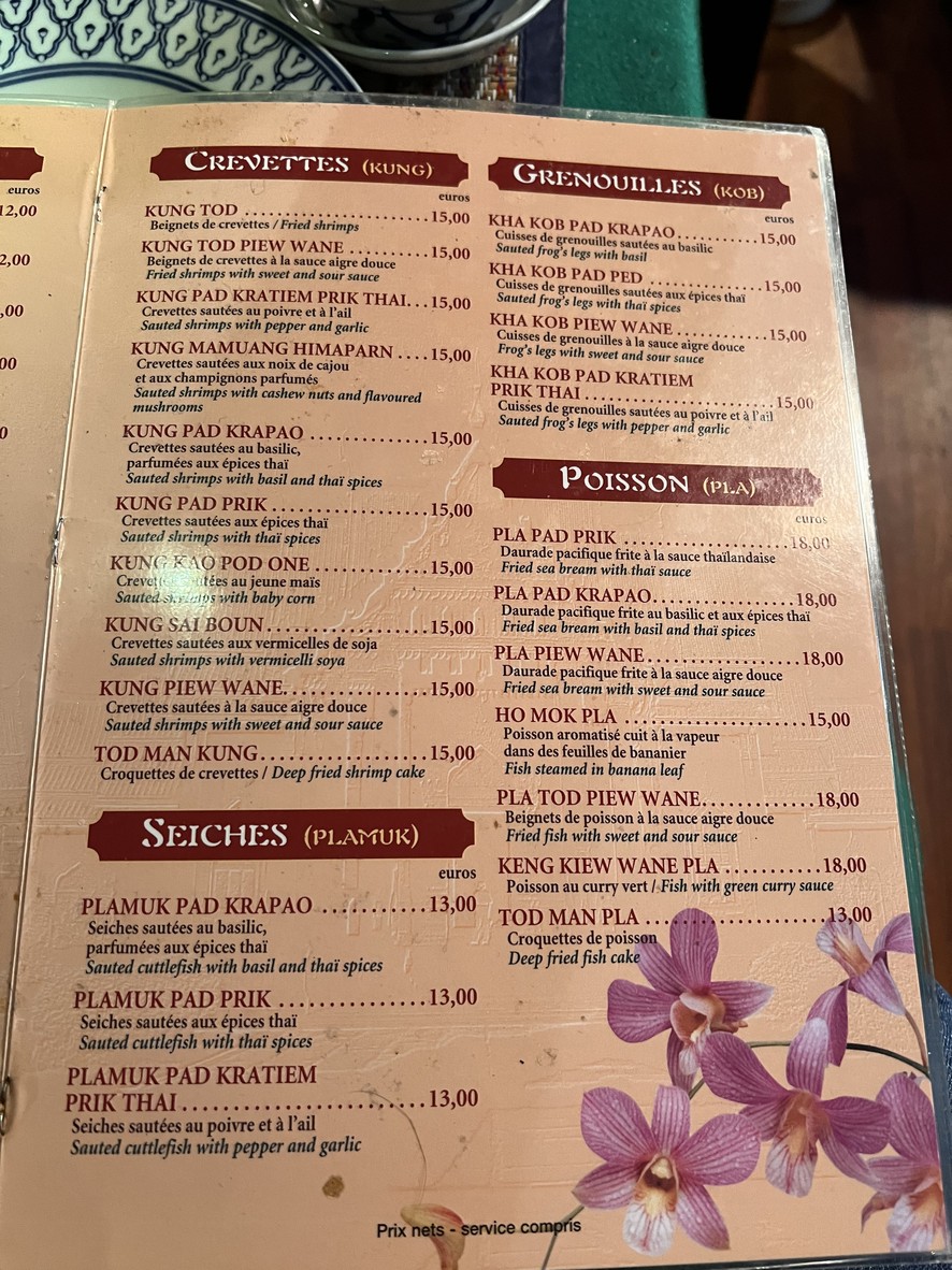 Bangkok Thaïlande menu 2