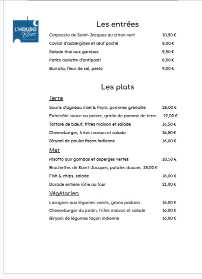 L'Heure bleue menu 1