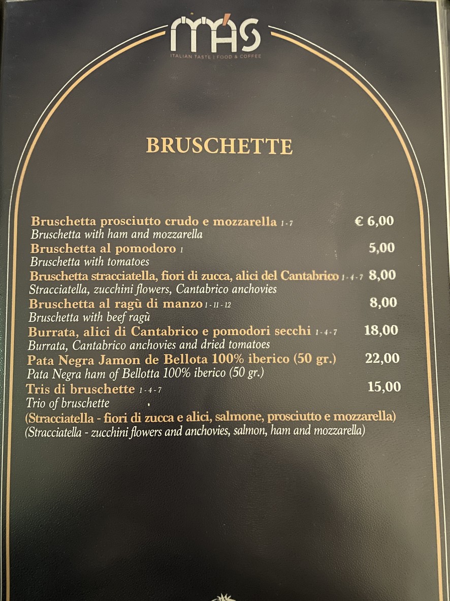Más Italian Taste menu 2