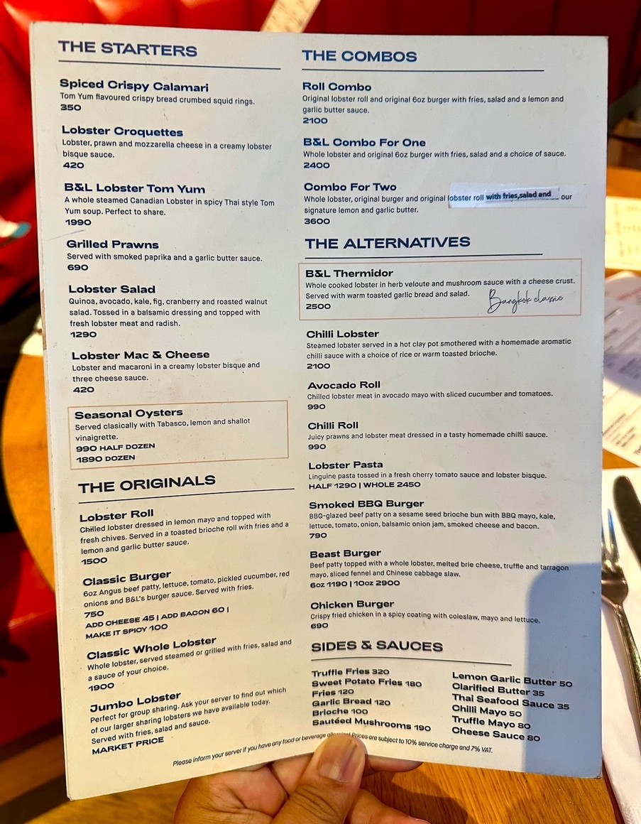 Burger & Lobster Gaysorn Village menu 1