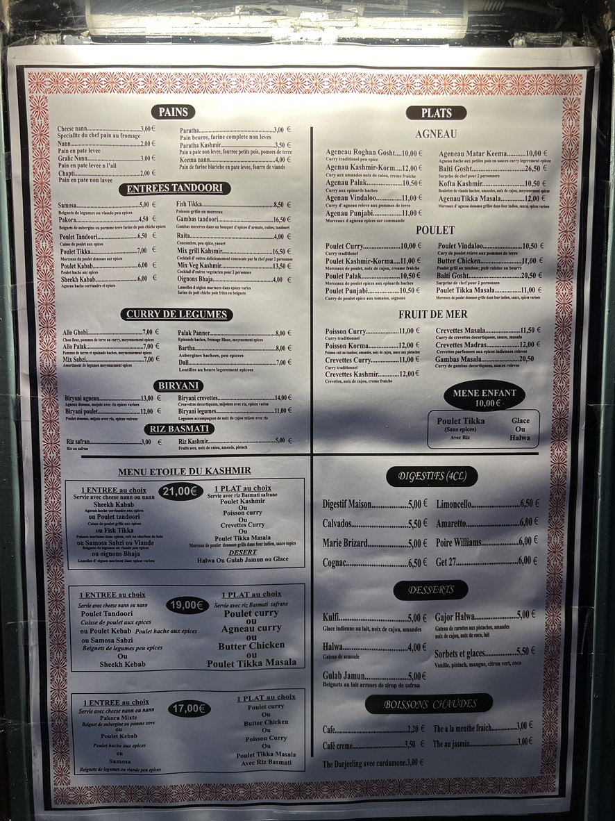Restaurant Etoile Du Kashmir menu 1