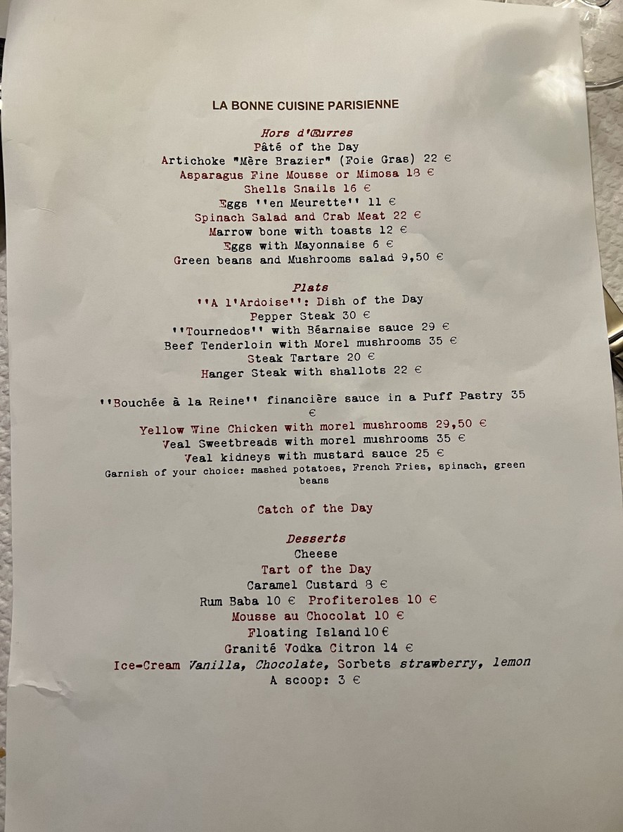 Le Paris Seize menu 1
