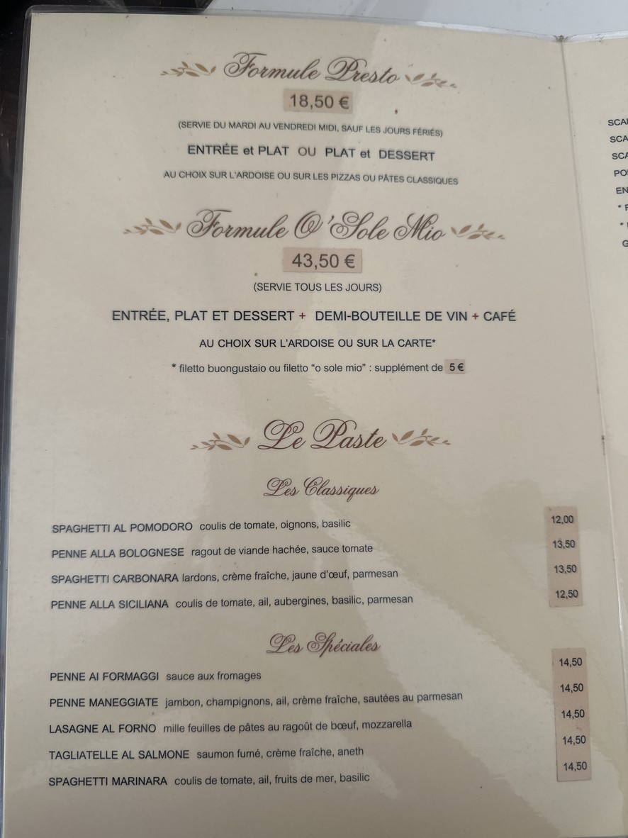 O' Sole Mio menu 1