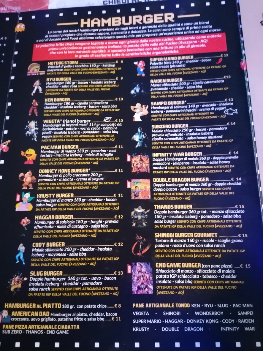 Arcade and Food menu 1