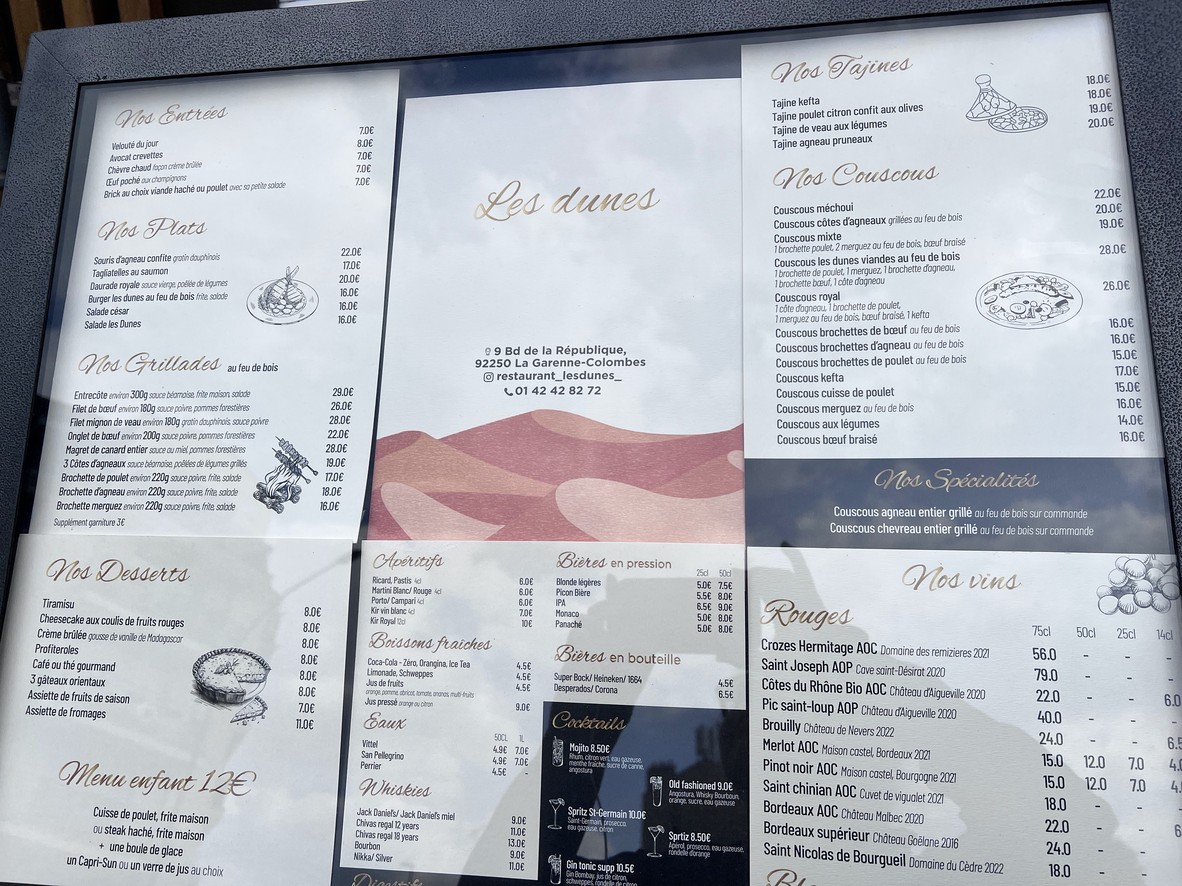 Les Dunes menu 1
